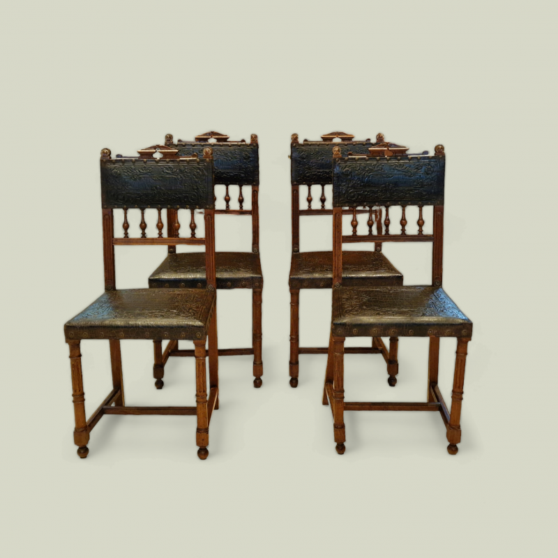 Beautifully Designed Set of Four English Tooled Leather Chairs c.1900