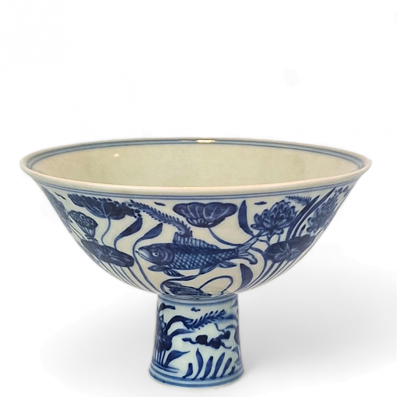 Charmingly Designed Chinese Blue and White Marked Stem Cup c.1950s