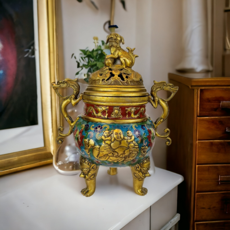 Stunningly Designed Large Chinese Gilt Bronze Cloisonne Incense Burner Qianlong Marked