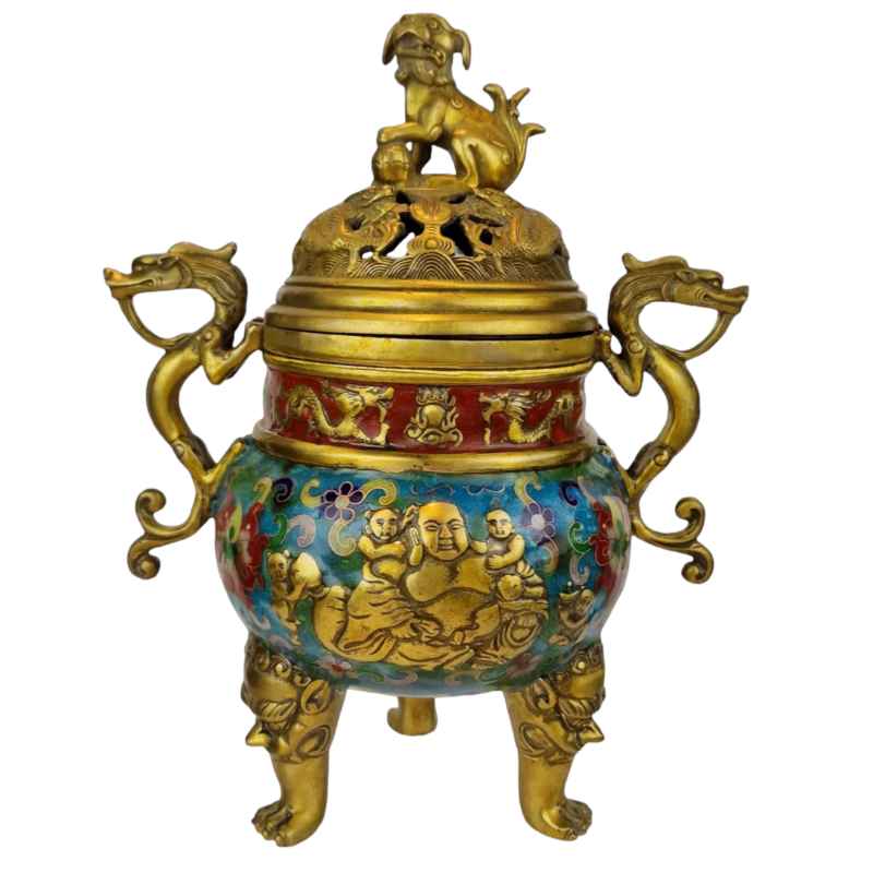 Stunningly Designed Large Chinese Gilt Bronze Cloisonne Incense Burner Qianlong Marked