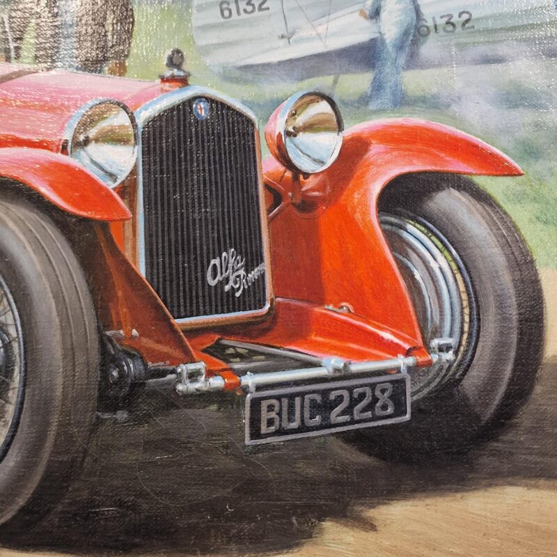 Tony Smith – Celebrated Motorsport Artist – Rare Original Oil Painting of an early 1930s Alfa Romeo 8C 2300 Zagato and two RAC biplanes dated 1982