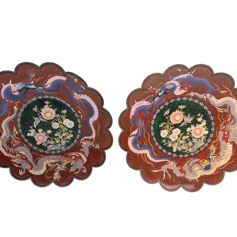 Large, rare pair of breathtaking, Japanese, hand decorated, lobed circular chargers or plates comprising incredibly intricate enamel decoration on bronze, Meiji Period 1868 – 1913.