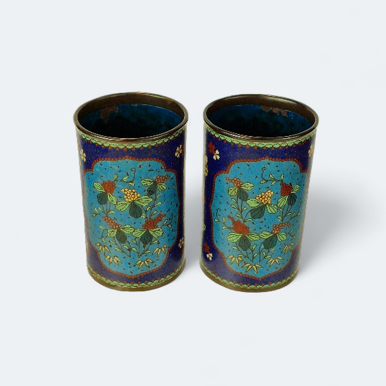 Rare pair of beautifully hand decorated 19th Century or early 20th Century Japanese Cloisonne brush pots on bronze, Meiji Period 1868-1913.