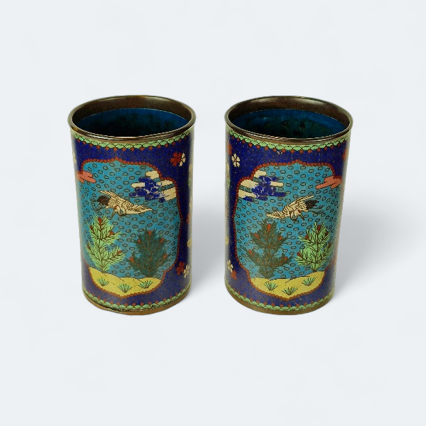 Rare pair of beautifully hand decorated 19th Century or early 20th Century Japanese Cloisonne brush pots on bronze, Meiji Period 1868-1913.