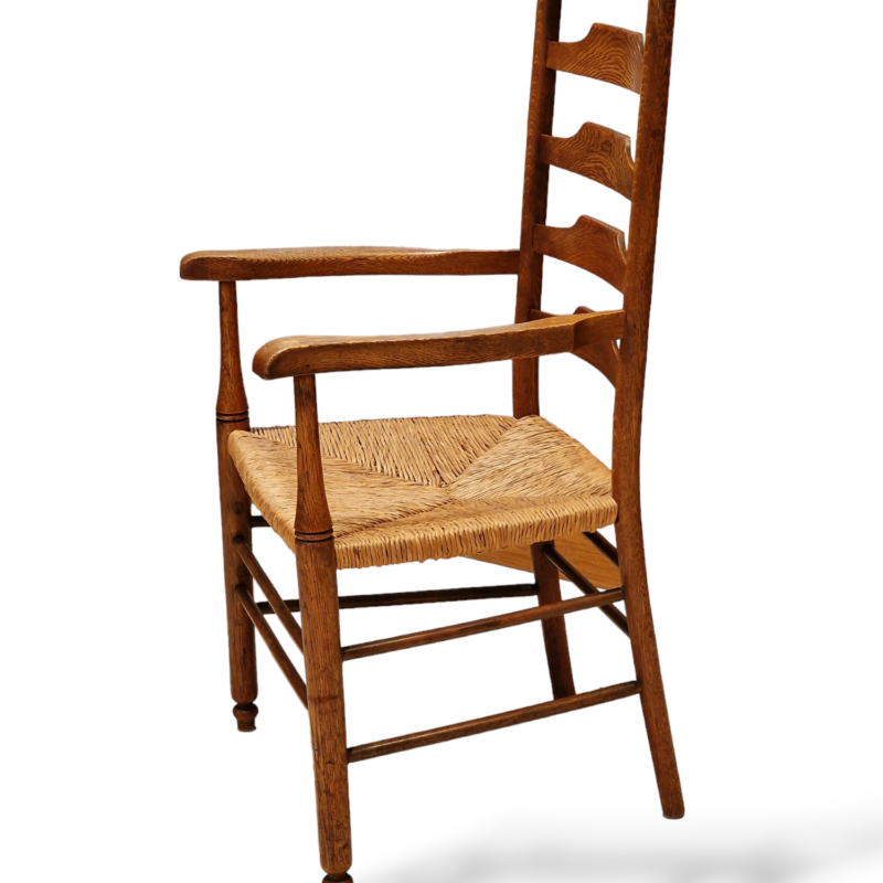 A stunningly designed, superb quality, five rung, high ladderback, Heal’s of London oak armchair c.1900-1920