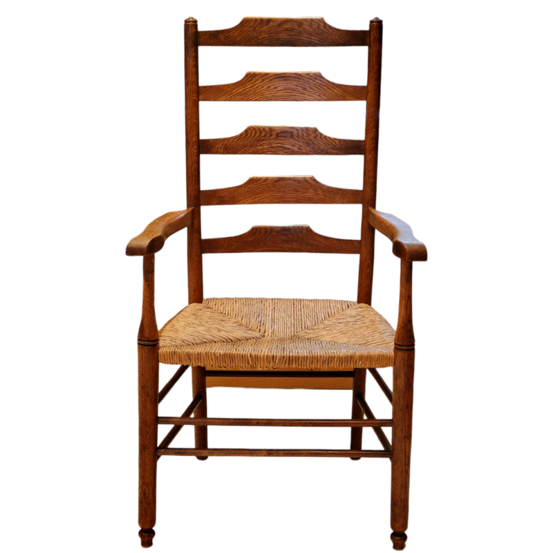 A stunningly designed, superb quality, five rung, high ladderback, Heal’s of London oak armchair c.1900-1920