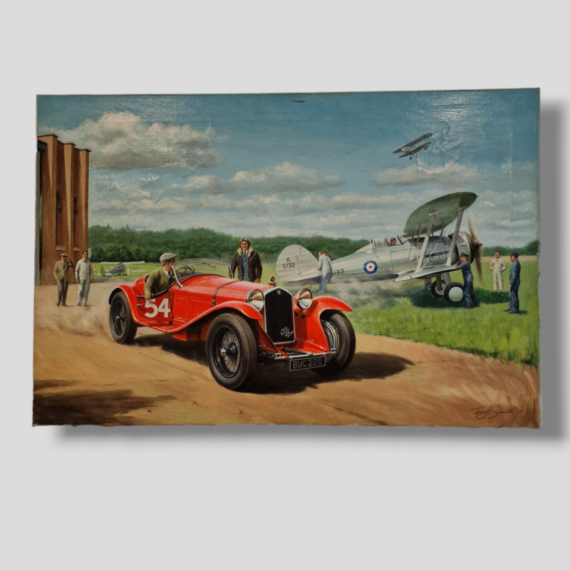 Tony Smith – Celebrated Motorsport Artist – Rare Original Oil Painting of an early 1930s Alfa Romeo 8C 2300 Zagato and two RAC biplanes dated 1982