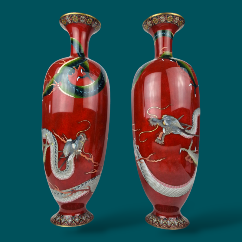 An Absolutely Wonderful, Very Tall (61 cm / 24 inches) Rare Pair of Magnificent, Opposing Design, Japanese, Hand Decorated, Cloisonné Baluster Vases Comprising Intricate Enamel Decoration on Copper, Meiji Period 1868 – 1913, c.1910.