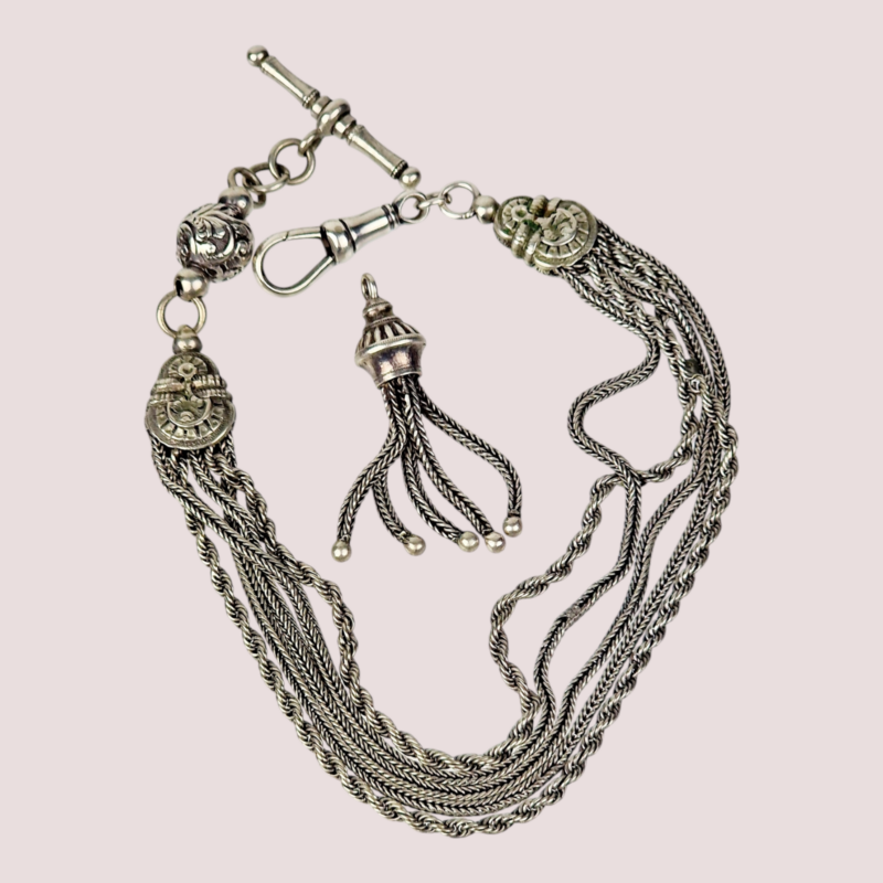 Charming, English, Antique Victorian, Silver Albertina Bracelet or Pocket Watch Chain, with a Decorated Ball Charm, T-bar and Pretty Separate Tassel Charm, circa 1880s.