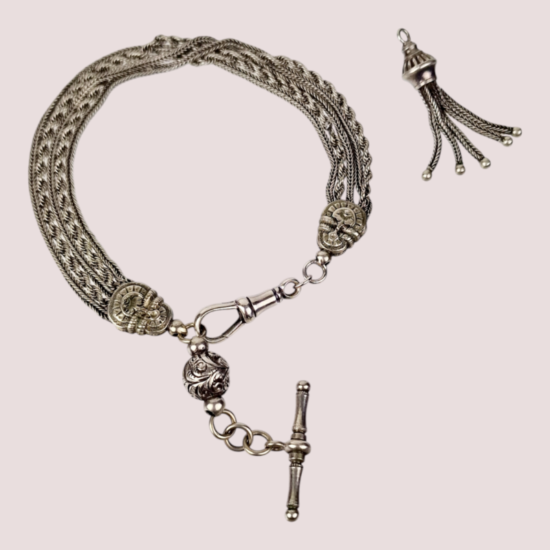 Charming, English, Antique Victorian, Silver Albertina Bracelet or Pocket Watch Chain, with a Decorated Ball Charm, T-bar and Pretty Separate Tassel Charm, circa 1880s.