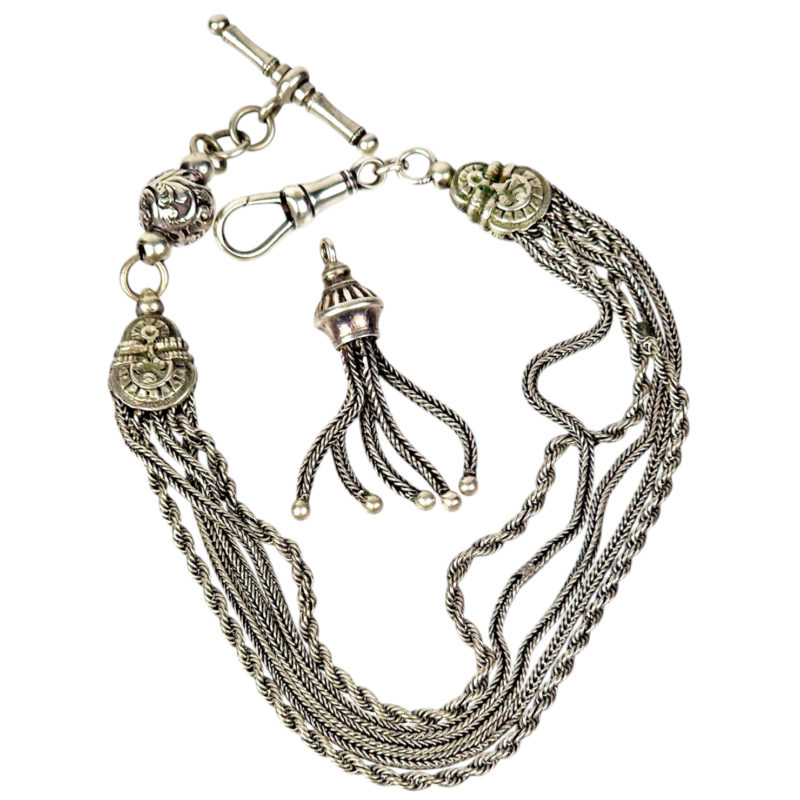 Charming, English, Antique Victorian, Silver Albertina Bracelet or Pocket Watch Chain, with a Decorated Ball Charm, T-bar and Pretty Separate Tassel Charm, circa 1880s.